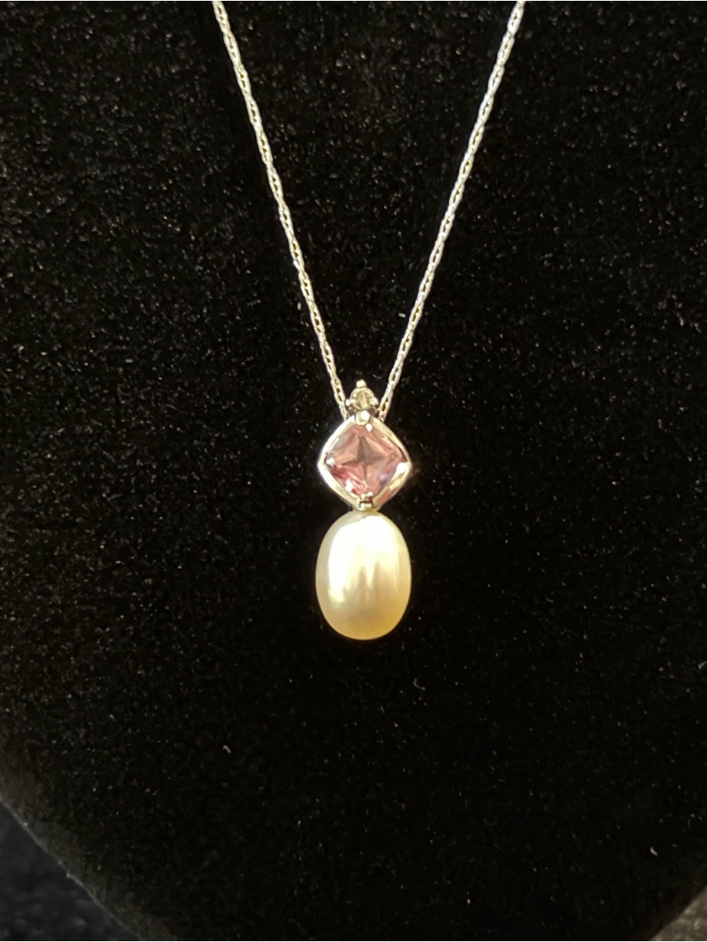 10K White Gold Pink Sapphire and Freshwater Pearl Pendant